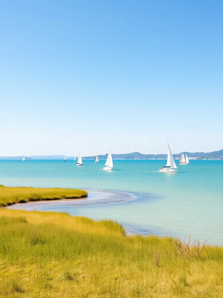 A serene image of Lake Balaton during the summer, with sailboats gliding across the water, inviting travelers to experience Hungary's largest lake.